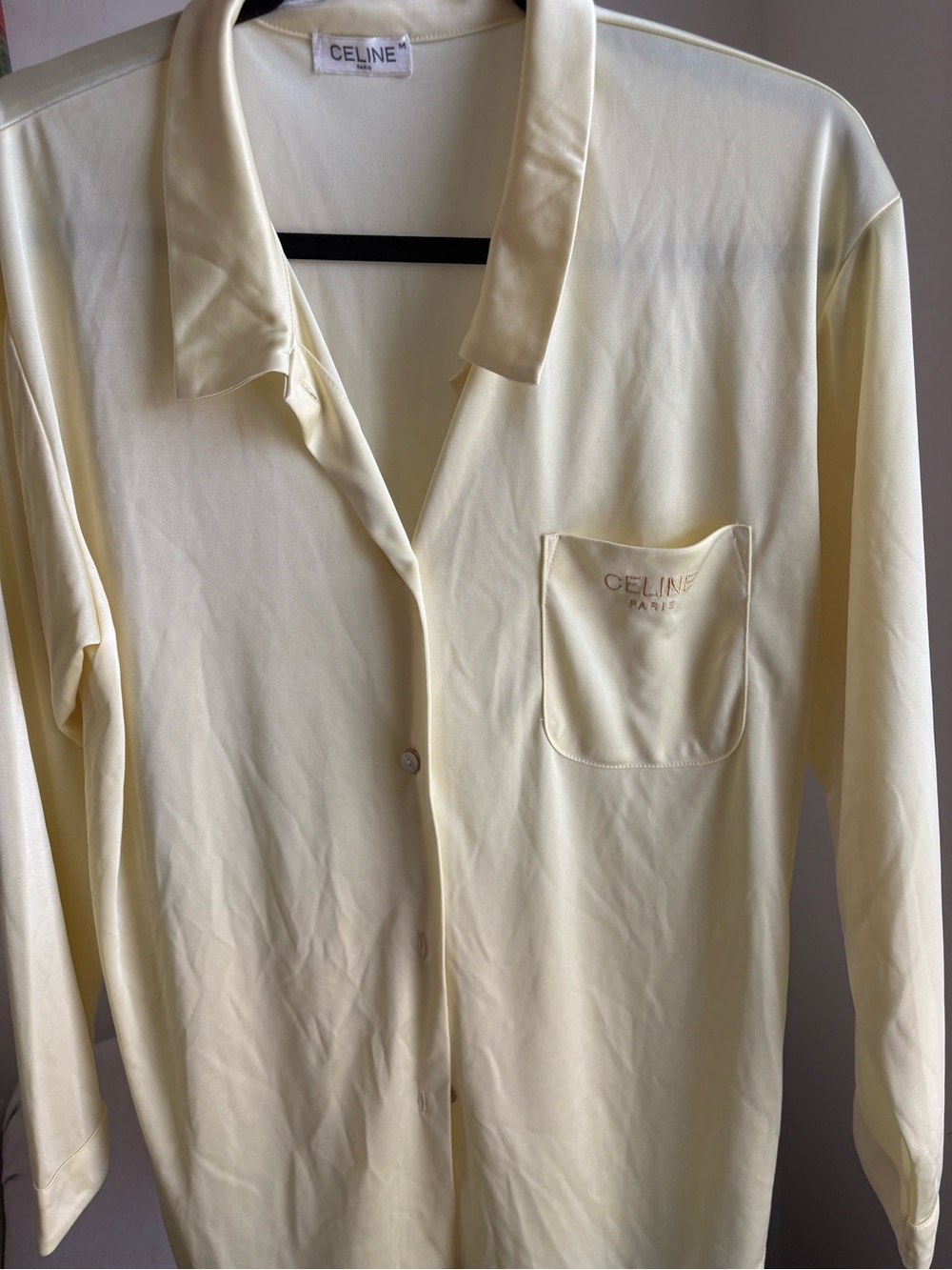 Celine Satin Logo Pocket Top in Soft Yellow